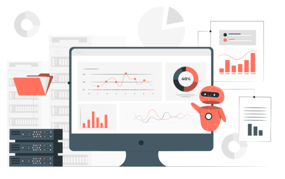 Robot illustration with files and charts echoing Digital Transformation Strategy for small business