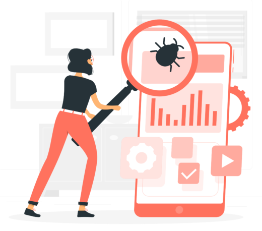 Woman illustration using lens to find bug in code describes Software Quality Assurance